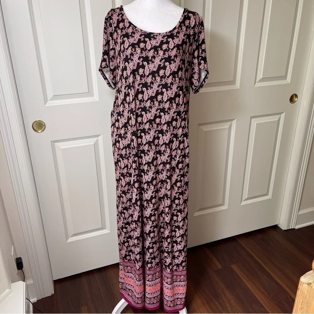J. Jill Paisley Maxi Dress Pockets Scoop Neck Black Red Purple Orange Large Tall - Picture 2 of 16